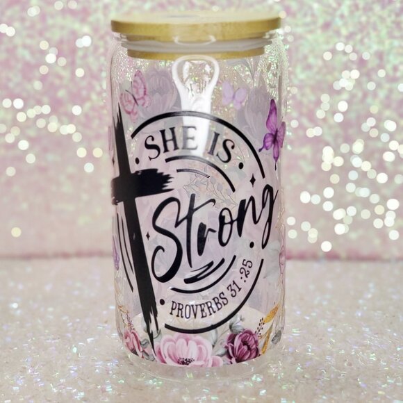 ☕"She Is Strong" Inspirational/Religious 16oz Glass Cup☕-BUNDLE & SAVE - Picture 1 of 7